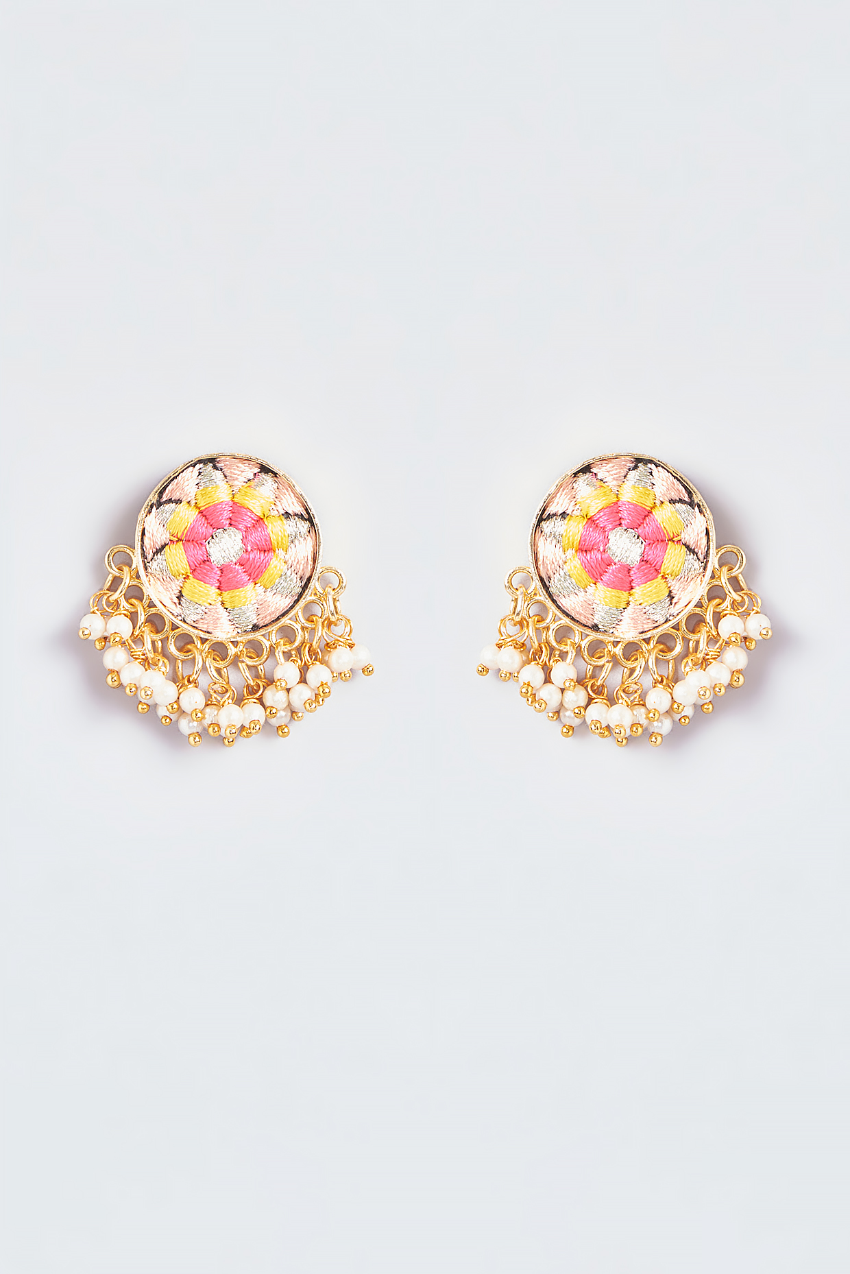 Gold Finish Silk Thread Embroidered Circle Stud Earrings by Bauble Bazaar at Pernia's Pop Up Shop