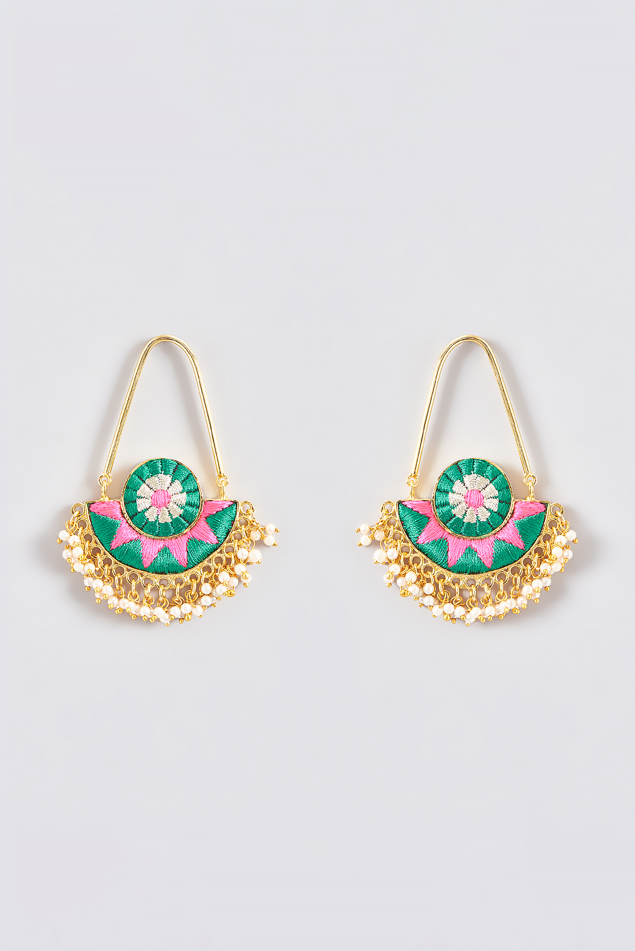 Gold Finish Silk Thread Embroidered Half Round Chandbali Earrings by Bauble Bazaar at Pernia's Pop Up Shop