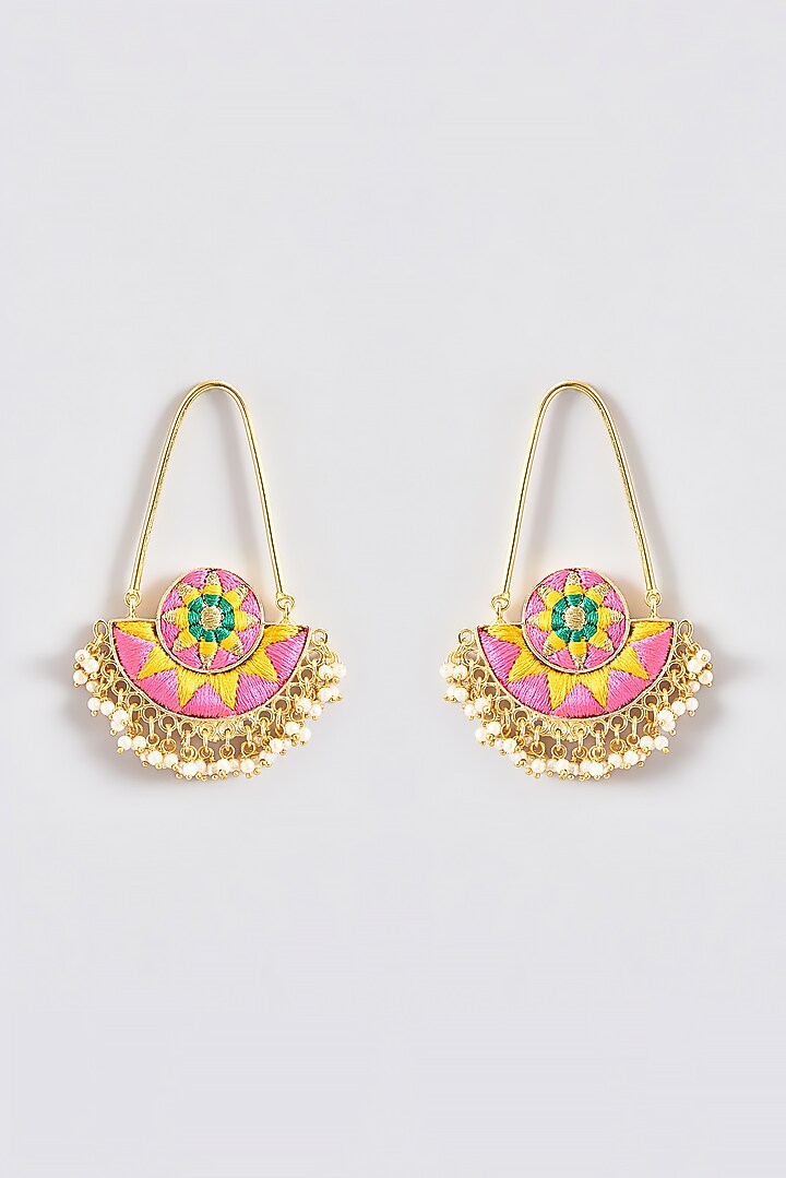 Gold Finish Silk Thread Embroidered Half Round Chandbali Earrings by Bauble Bazaar at Pernia's Pop Up Shop
