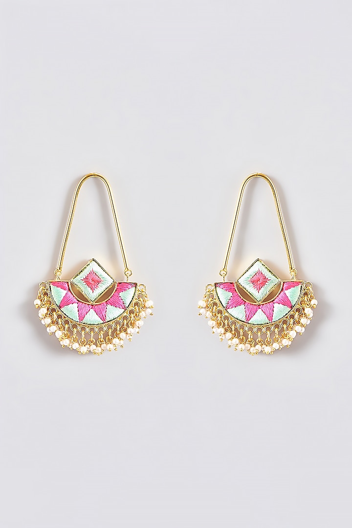 Gold Finish Silk Thread Embroidered Square Chandbali Earrings by Bauble Bazaar at Pernia's Pop Up Shop