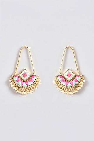 Gold Finish Silk Thread Embroidered Square Chandbali Earrings by Bauble Bazaar