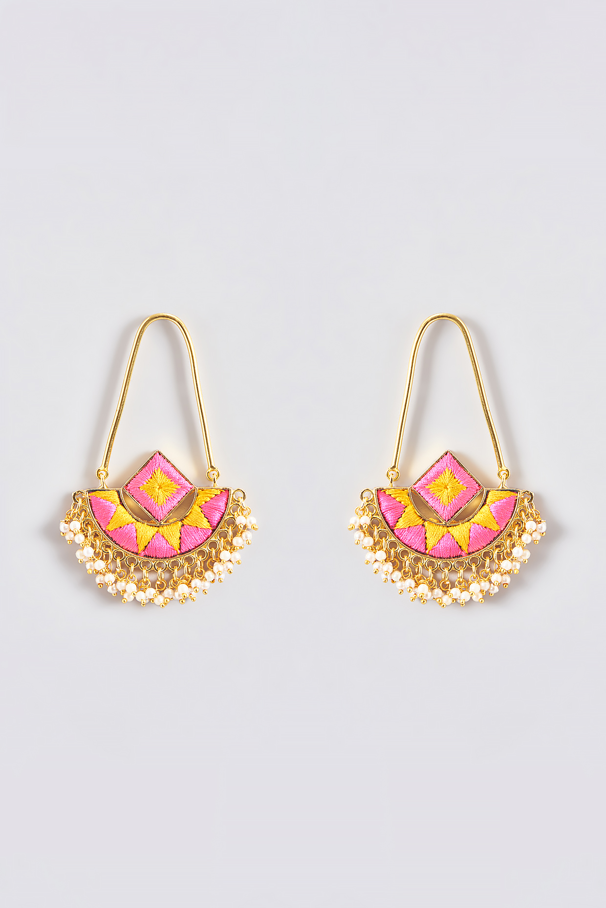 Gold Finish Silk Thread Embroidered Square Chandbali Earrings by Bauble Bazaar at Pernia's Pop Up Shop