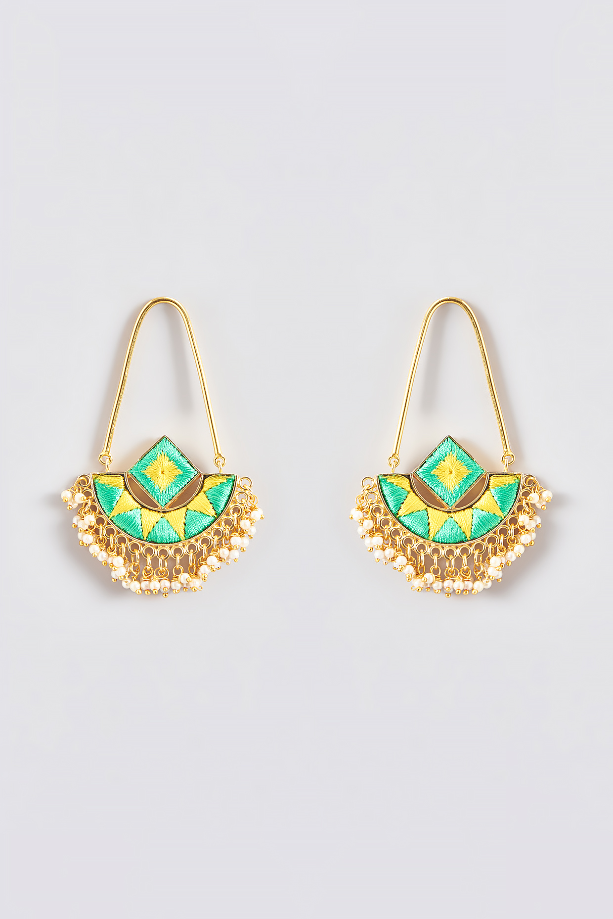 Gold Finish Silk Thread Embroidered Square Chandbali Earrings by Bauble Bazaar at Pernia's Pop Up Shop