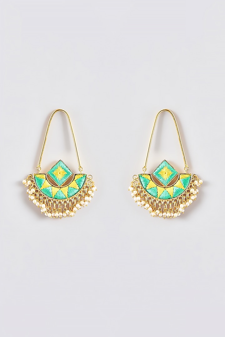Gold Finish Silk Thread Embroidered Square Chandbali Earrings by Bauble Bazaar at Pernia's Pop Up Shop