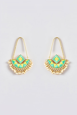 Gold Finish Silk Thread Embroidered Square Chandbali Earrings by Bauble Bazaar