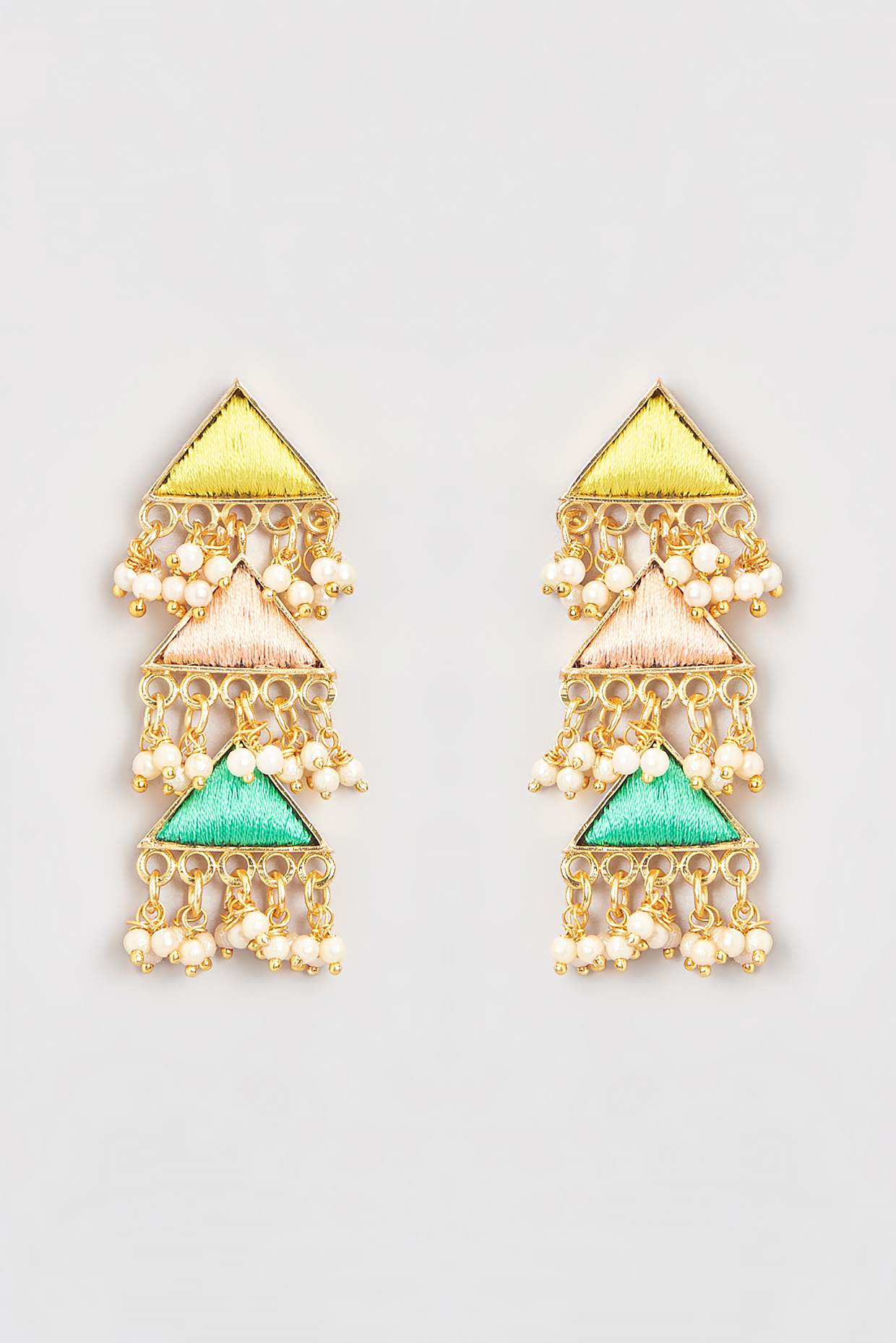 Gold Finish Silk Thread Embroidered Layered Triangle Dangler Earrings by Bauble Bazaar at Pernia's Pop Up Shop