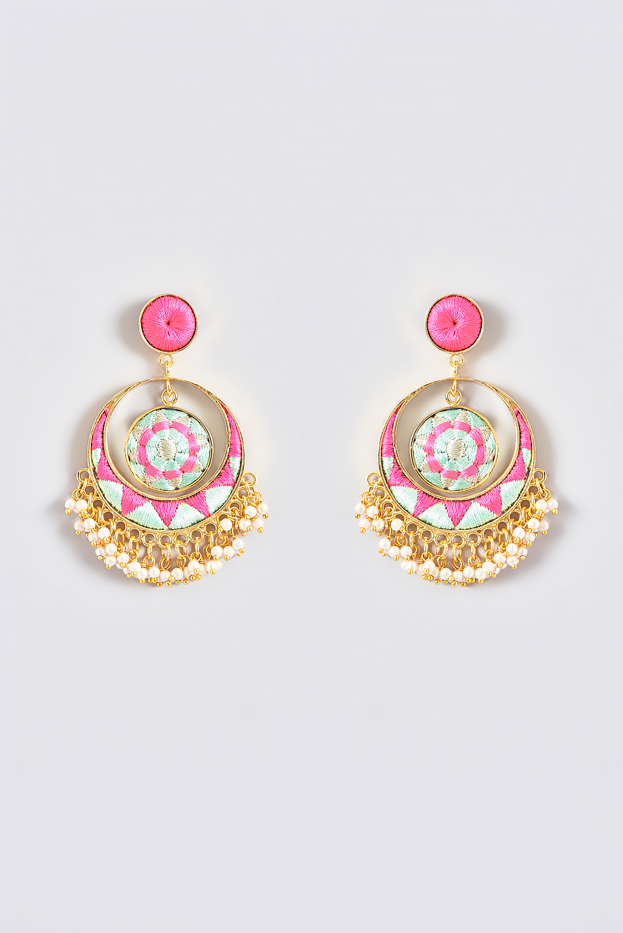 Gold Finish Silk Thread Embroidered Chandbali Earrings by Bauble Bazaar at Pernia's Pop Up Shop