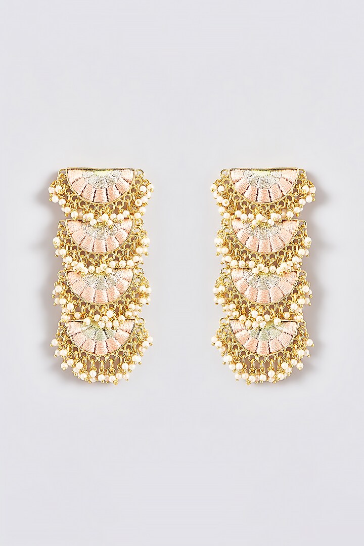 Gold Finish Silk Thread Embroidered Layered Semi-Circle Dangler Earrings by Bauble Bazaar at Pernia's Pop Up Shop