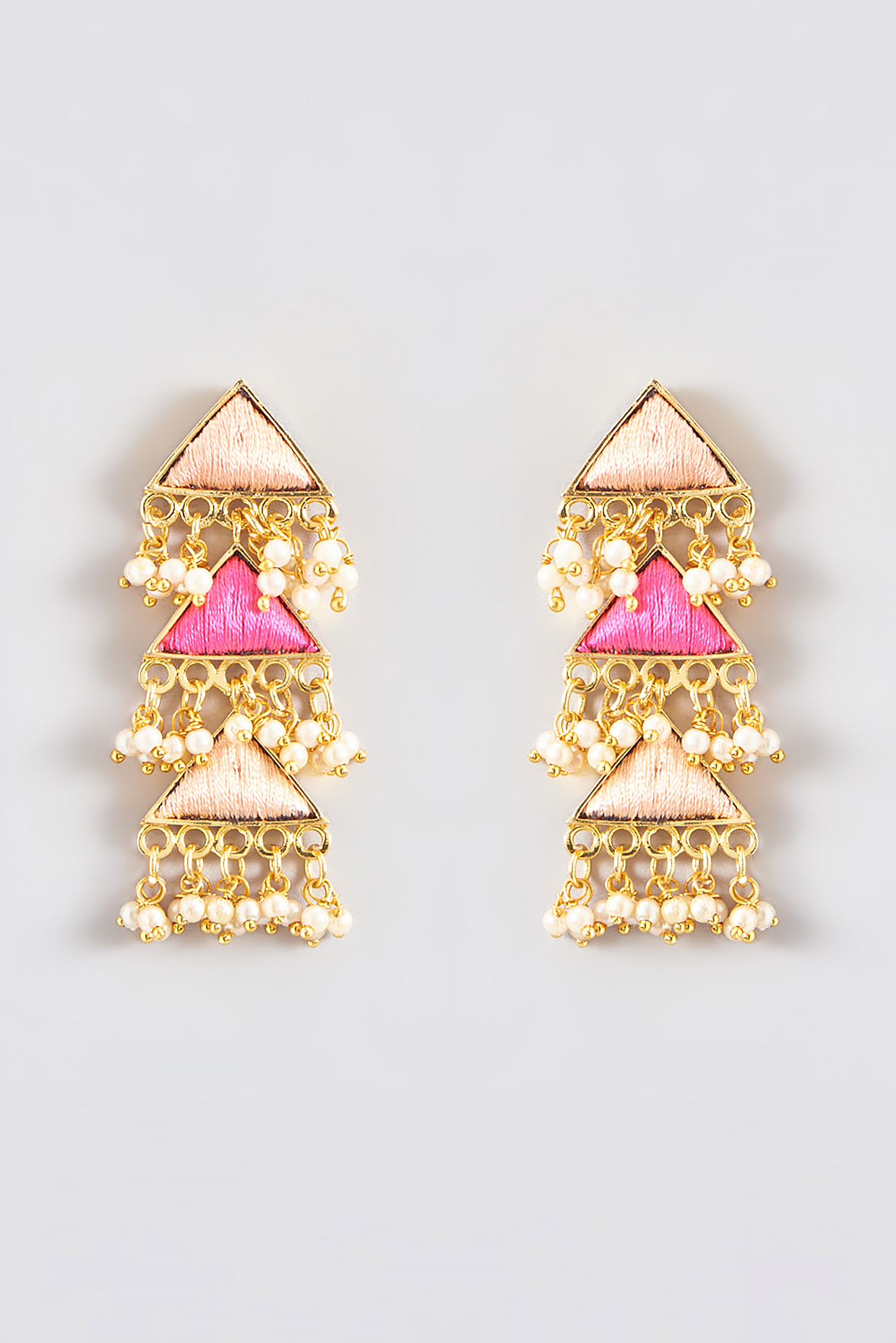 Gold Finish Silk Thread Embroidered Layered Triangle Dangler Earrings by Bauble Bazaar at Pernia's Pop Up Shop