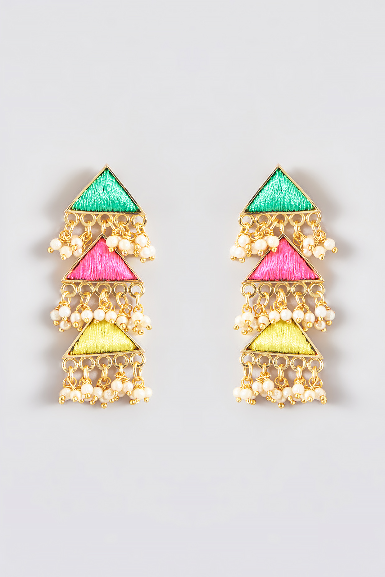 Gold Finish Silk Thread Embroidered Layered Triangle Dangler Earrings by Bauble Bazaar at Pernia's Pop Up Shop