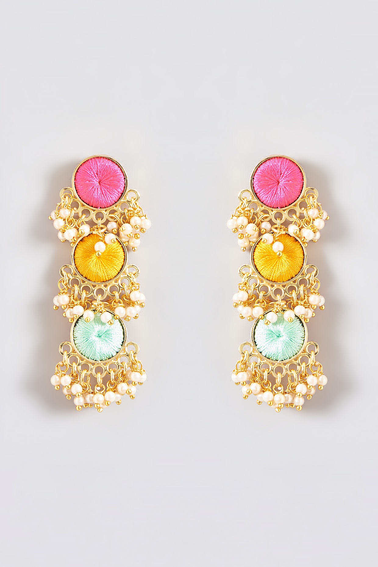 Gold Finish Silk Thread Embroidered Layered Circular Dangler Earrings by Bauble Bazaar at Pernia's Pop Up Shop