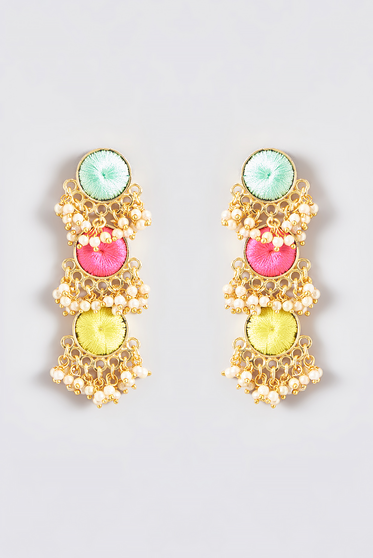 Gold Finish Silk Thread Embroidered Layered Circular Dangler Earrings by Bauble Bazaar at Pernia's Pop Up Shop
