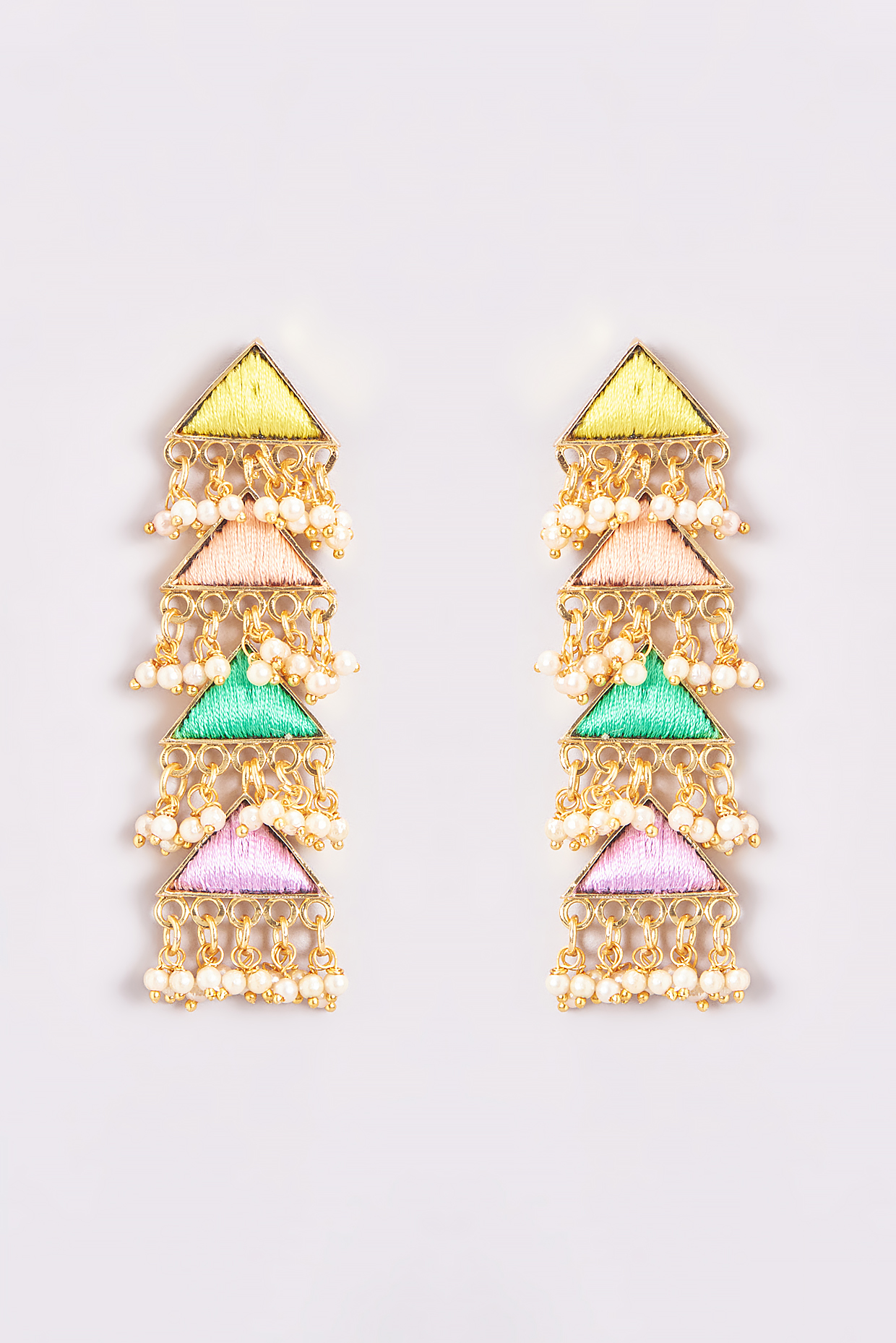 Gold Finish Silk Thread Embroidered Layered Triangle Dangler Earrings by Bauble Bazaar at Pernia's Pop Up Shop