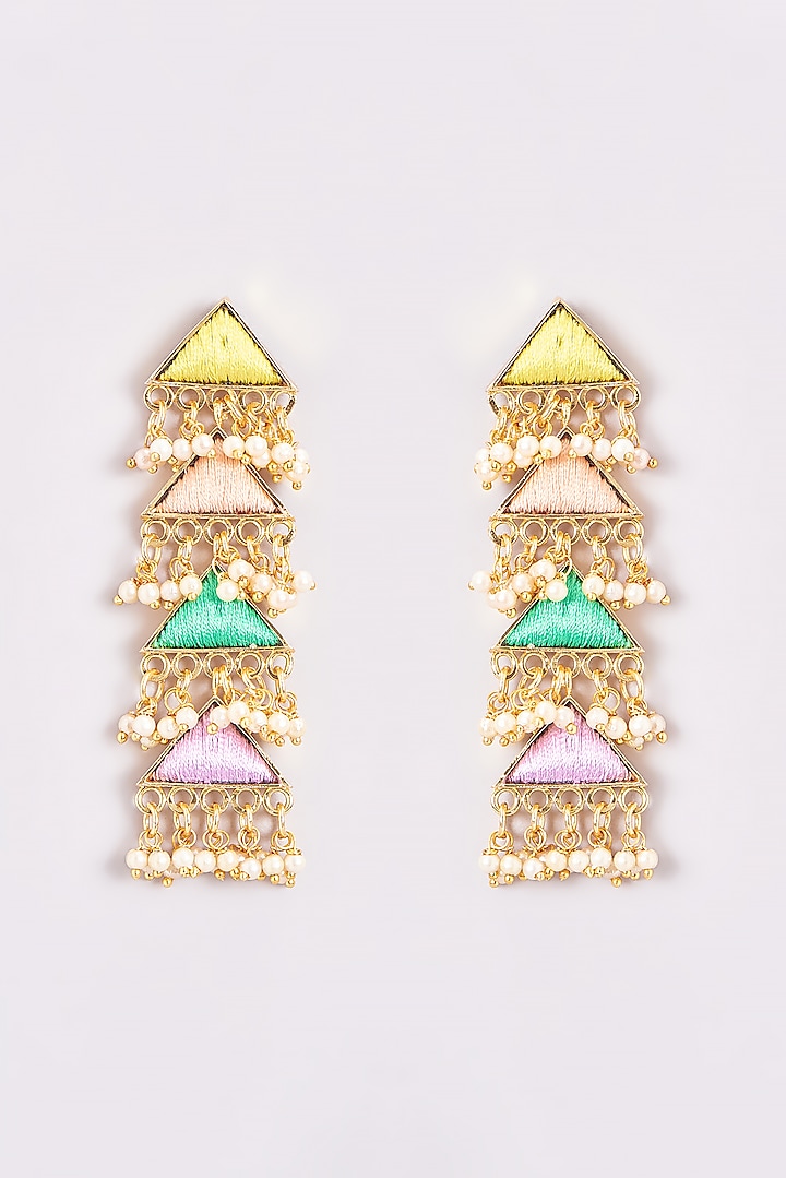 Gold Finish Silk Thread Embroidered Layered Triangle Dangler Earrings by Bauble Bazaar at Pernia's Pop Up Shop