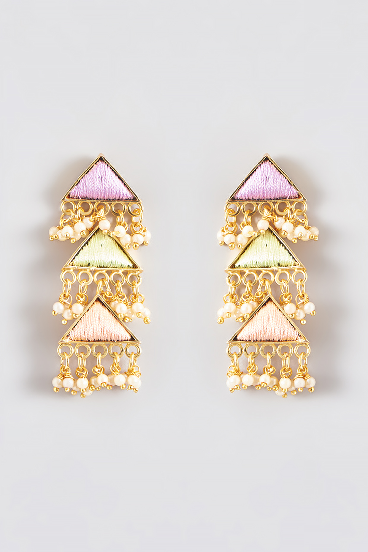 Gold Finish Silk Thread Embroidered Layered Triangle Dangler Earrings by Bauble Bazaar at Pernia's Pop Up Shop