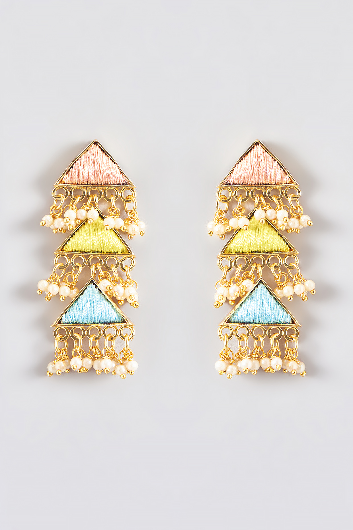 Gold Finish Silk Thread Embroidered Layered Triangle Dangler Earrings by Bauble Bazaar at Pernia's Pop Up Shop