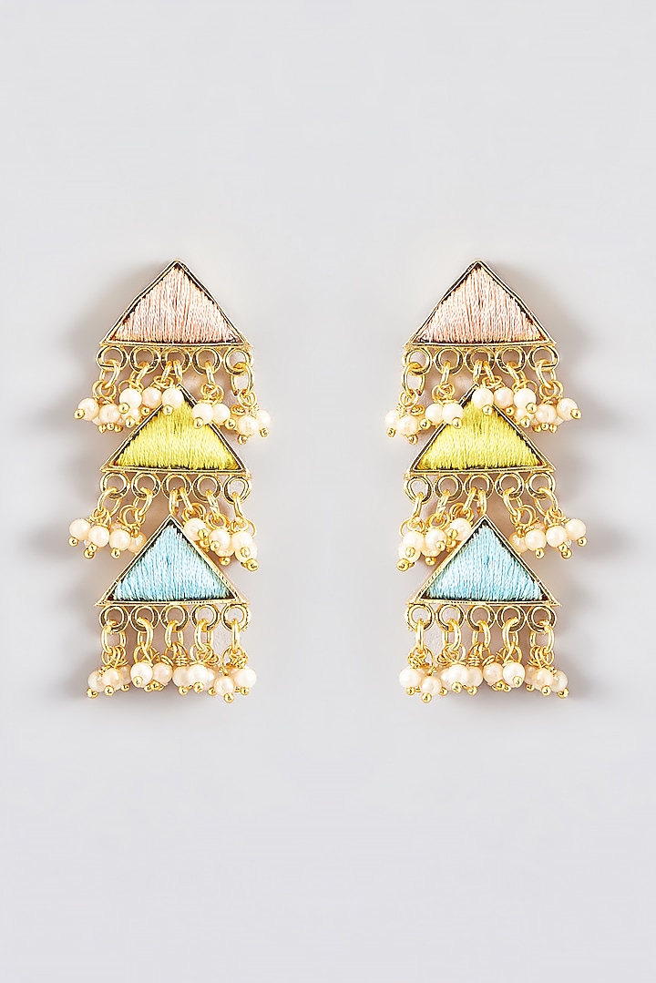 Gold Finish Silk Thread Embroidered Layered Triangle Dangler Earrings by Bauble Bazaar at Pernia's Pop Up Shop