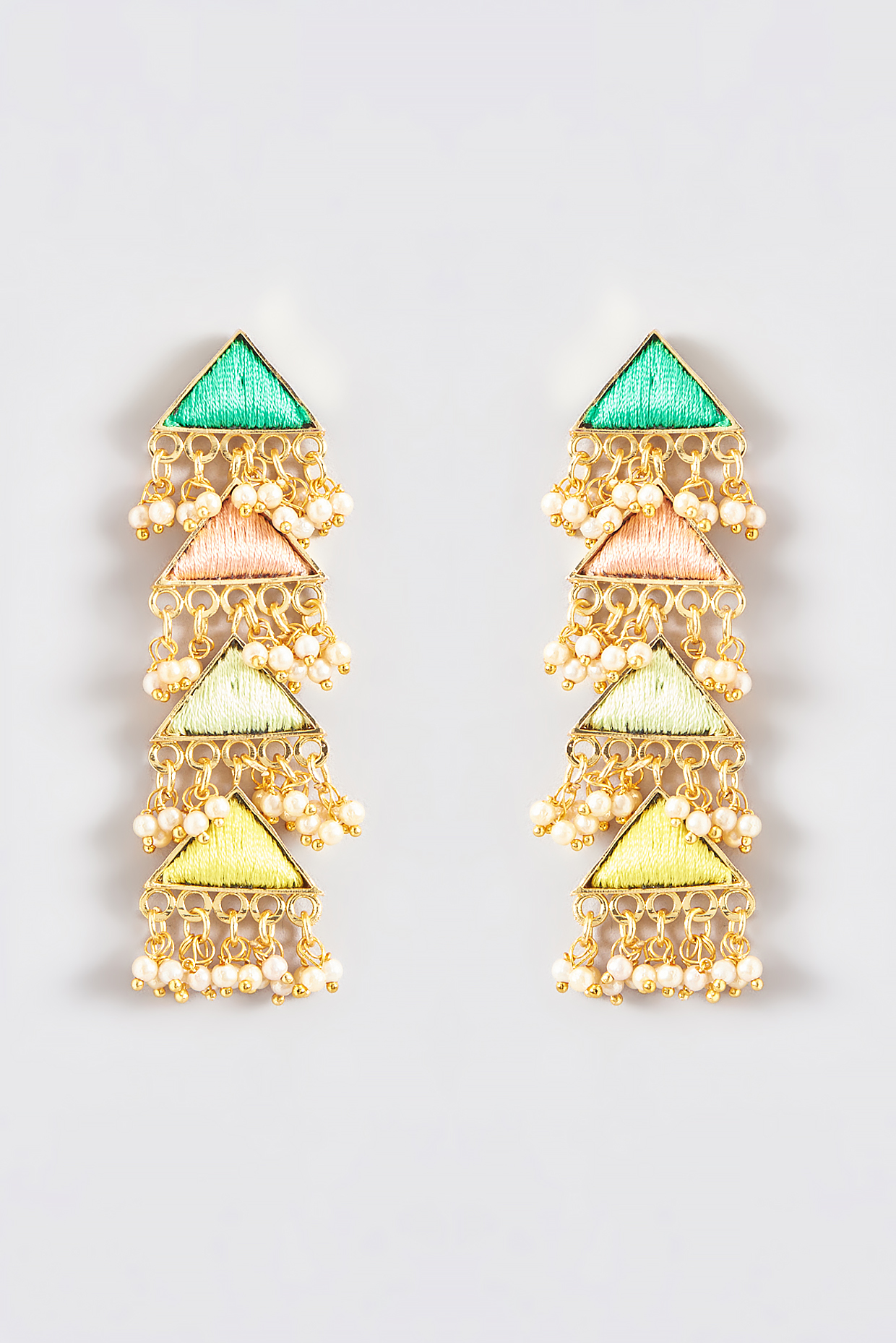 Gold Finish Silk Thread Embroidered Layered Triangle Dangler Earrings by Bauble Bazaar at Pernia's Pop Up Shop