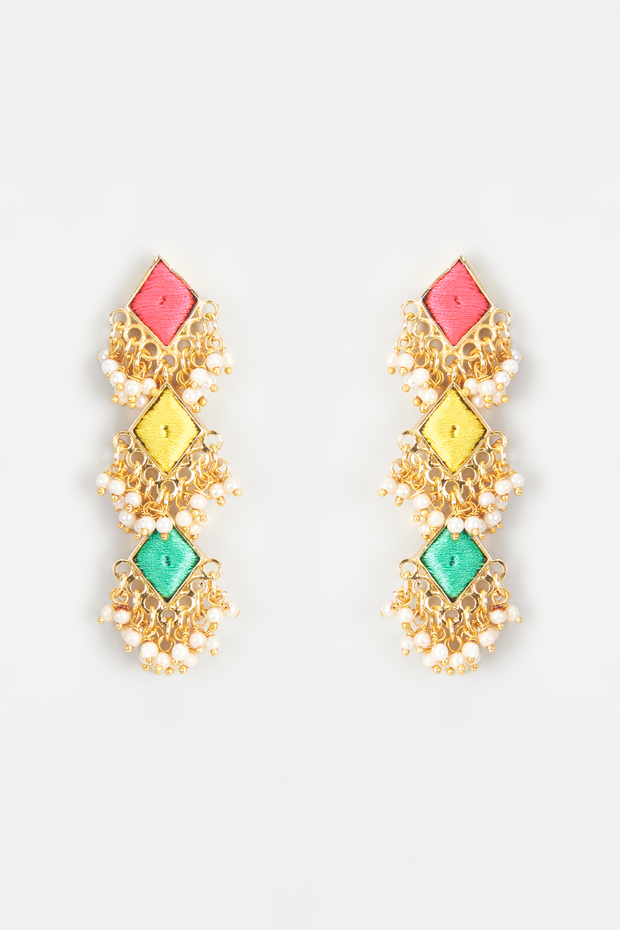 Gold Finish Embroidered Layered Rhombus Earrings by Bauble Bazaar at Pernia's Pop Up Shop
