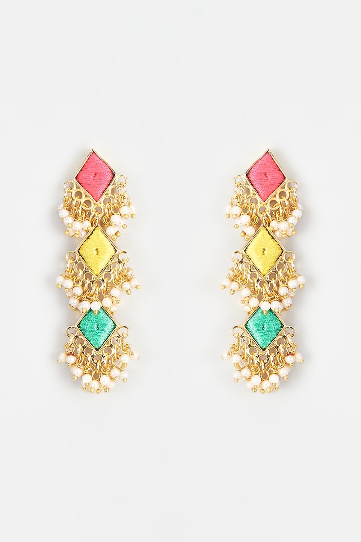 Gold Finish Embroidered Layered Rhombus Earrings by Bauble Bazaar at Pernia's Pop Up Shop