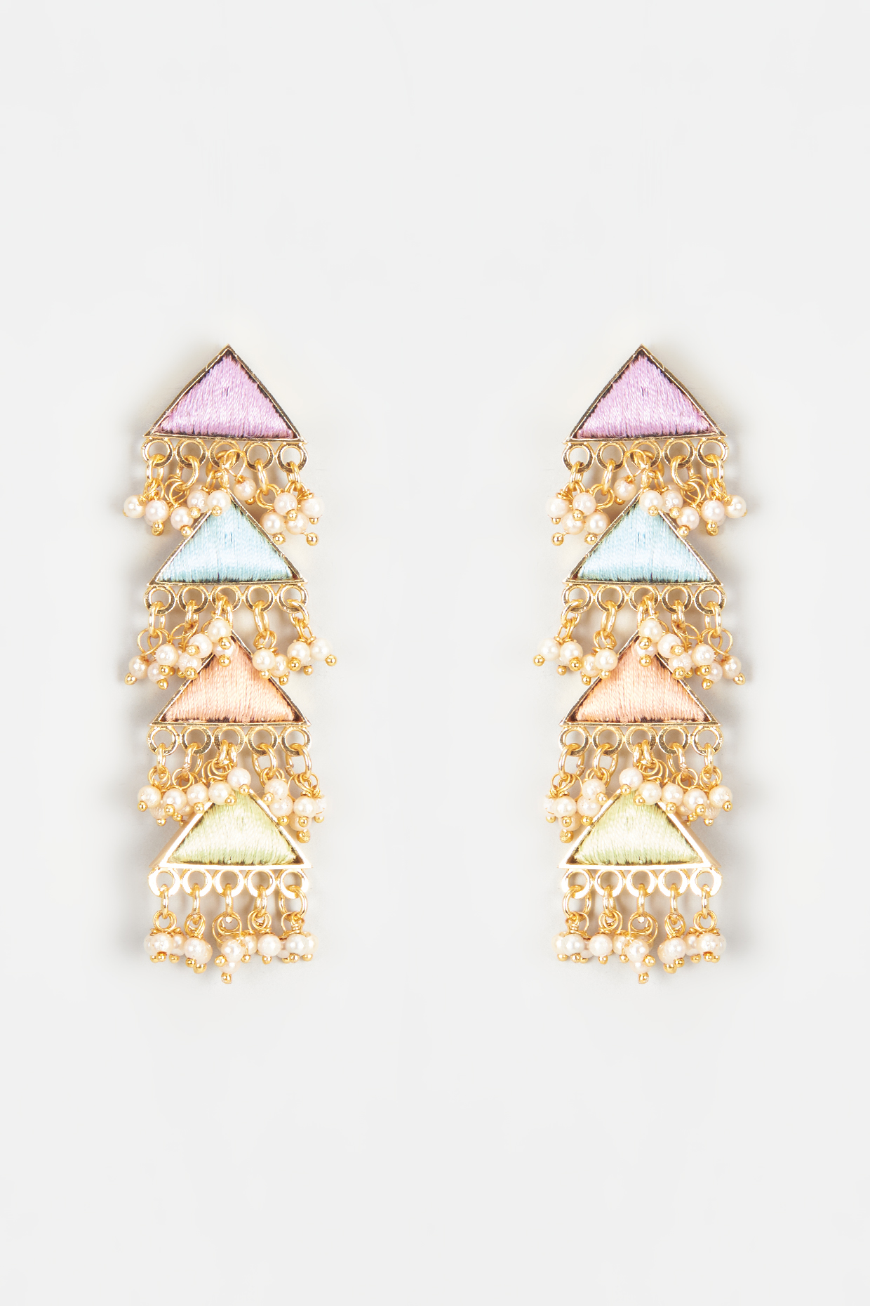 Gold Finish Embroidered Layered Triangular Dangler Earrings by Bauble Bazaar at Pernia's Pop Up Shop