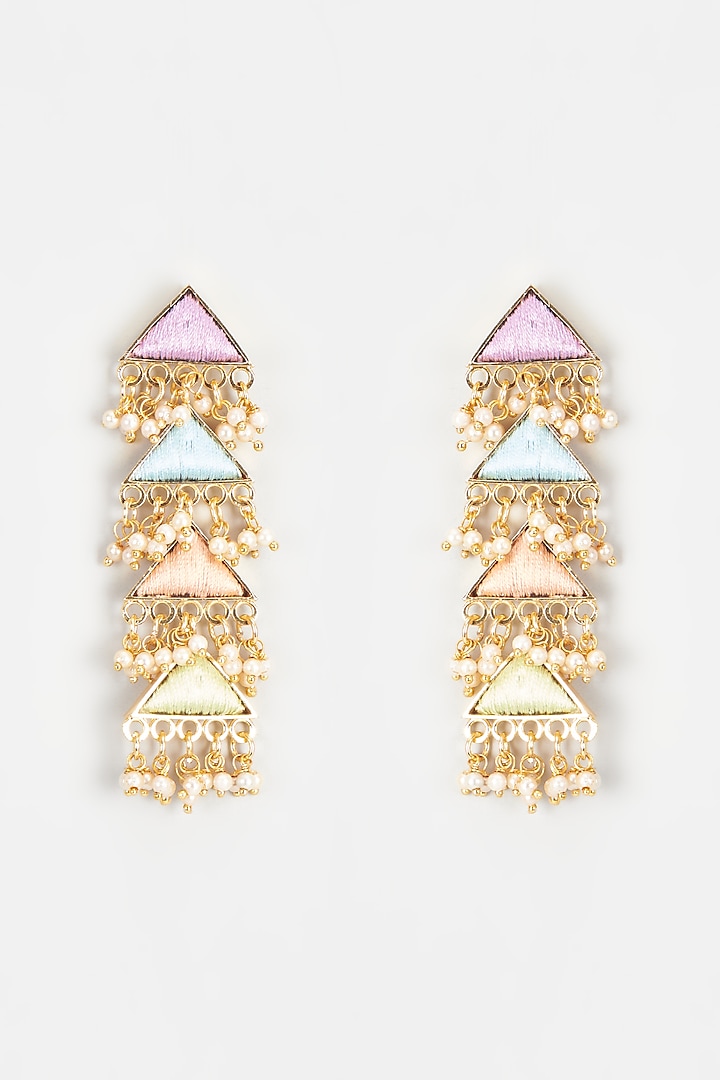 Gold Finish Embroidered Layered Triangular Dangler Earrings by Bauble Bazaar at Pernia's Pop Up Shop