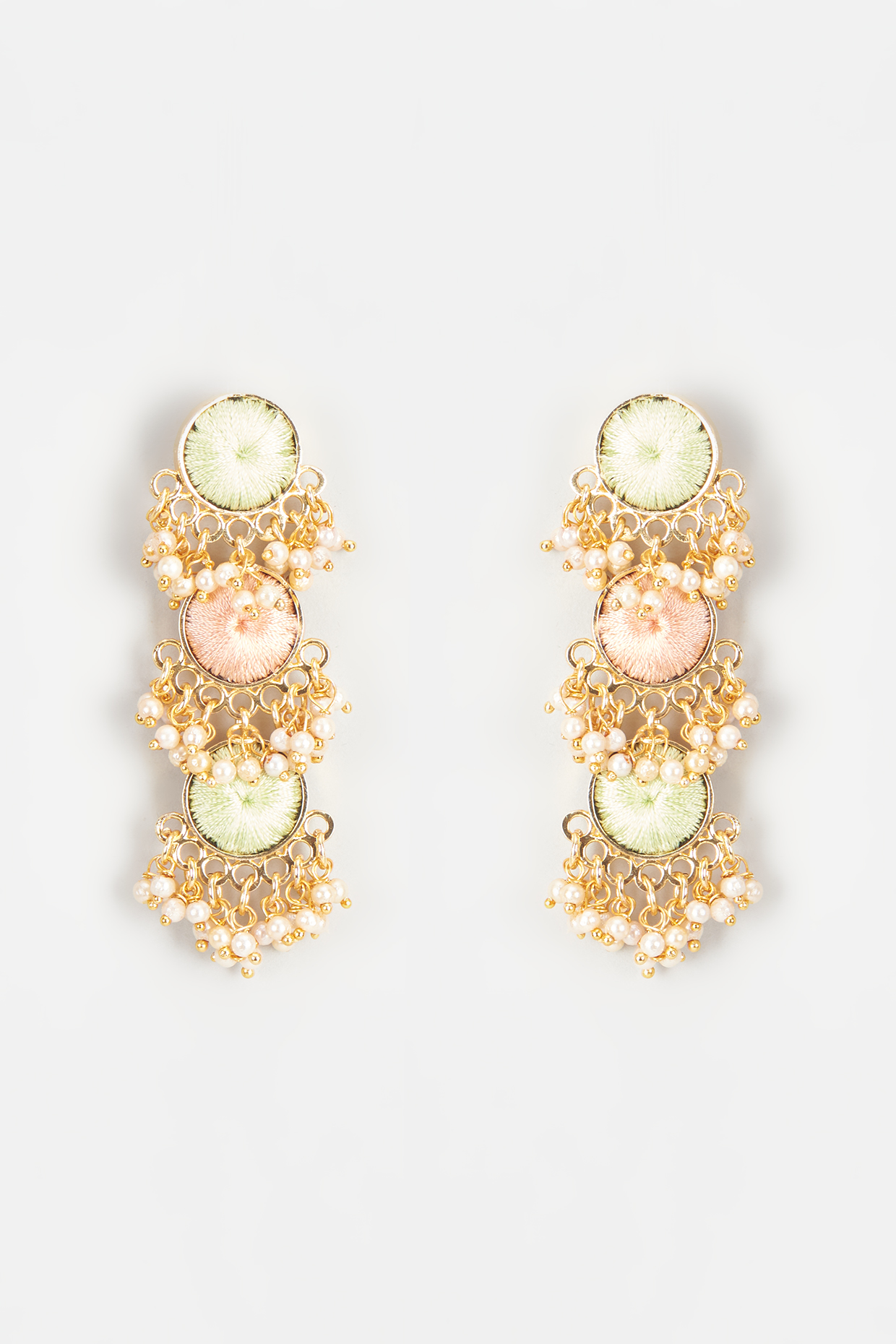 Gold Finish Embroidered Layered Circular Dangler Earrings by Bauble Bazaar at Pernia's Pop Up Shop