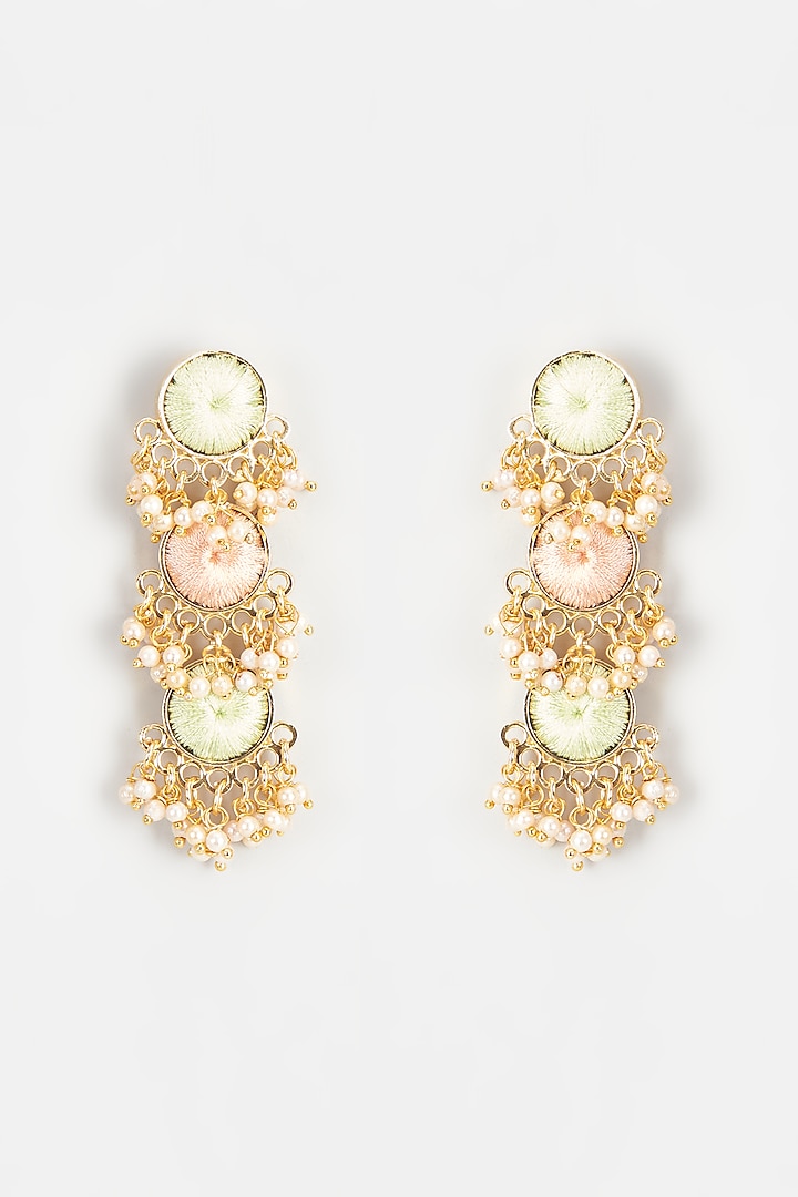 Gold Finish Embroidered Layered Circular Dangler Earrings by Bauble Bazaar at Pernia's Pop Up Shop