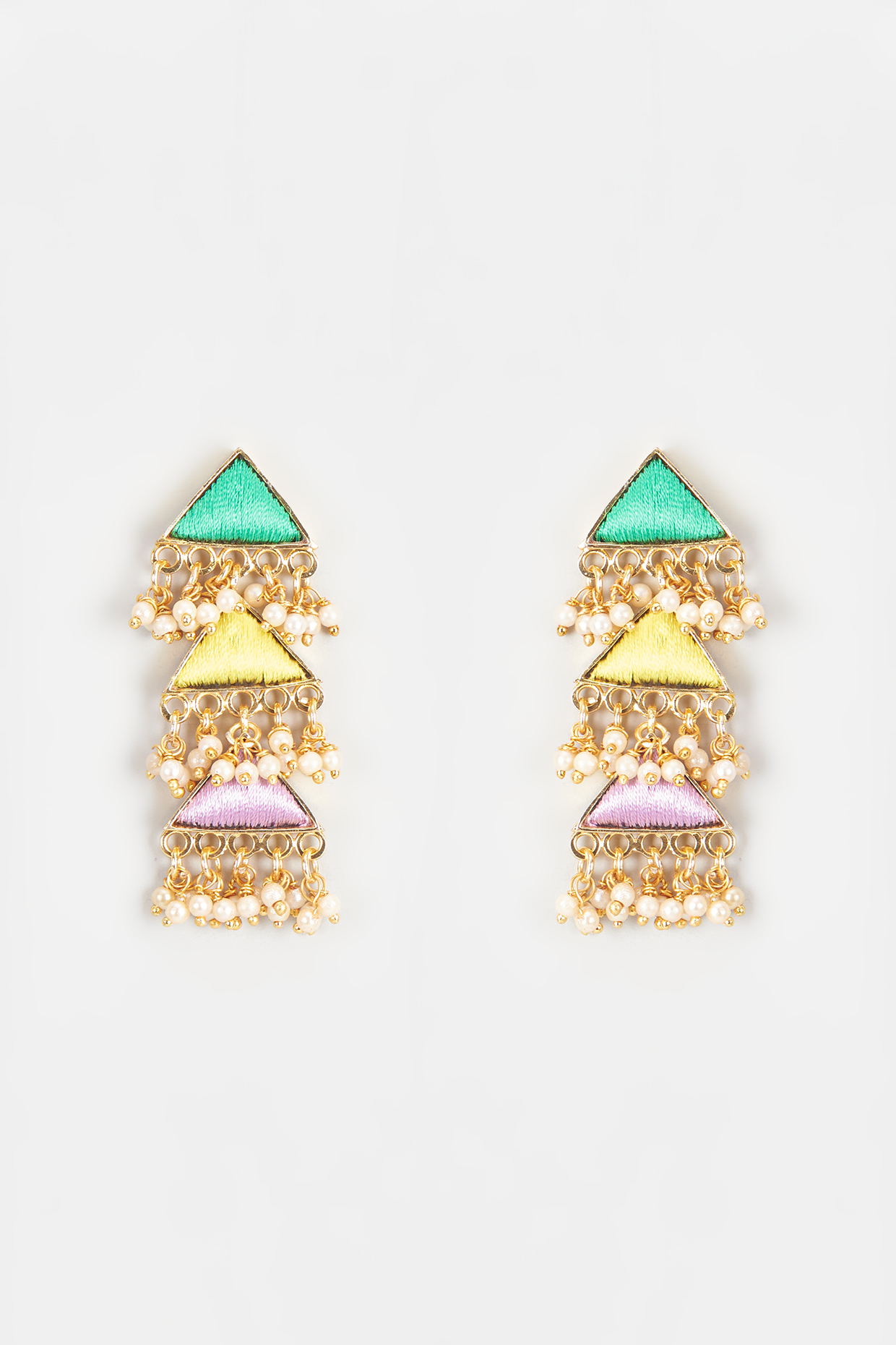 Gold Finish Embroidered Layered Triangular Dangler Earrings by Bauble Bazaar at Pernia's Pop Up Shop