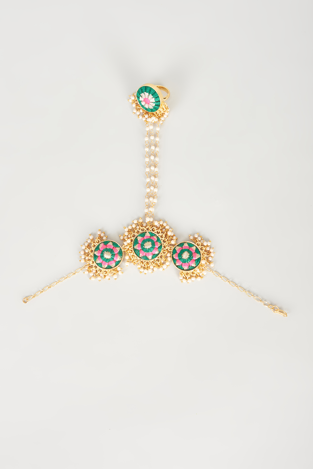 Gold Finish Embroidered Circular Haathphool by Bauble Bazaar at Pernia's Pop Up Shop