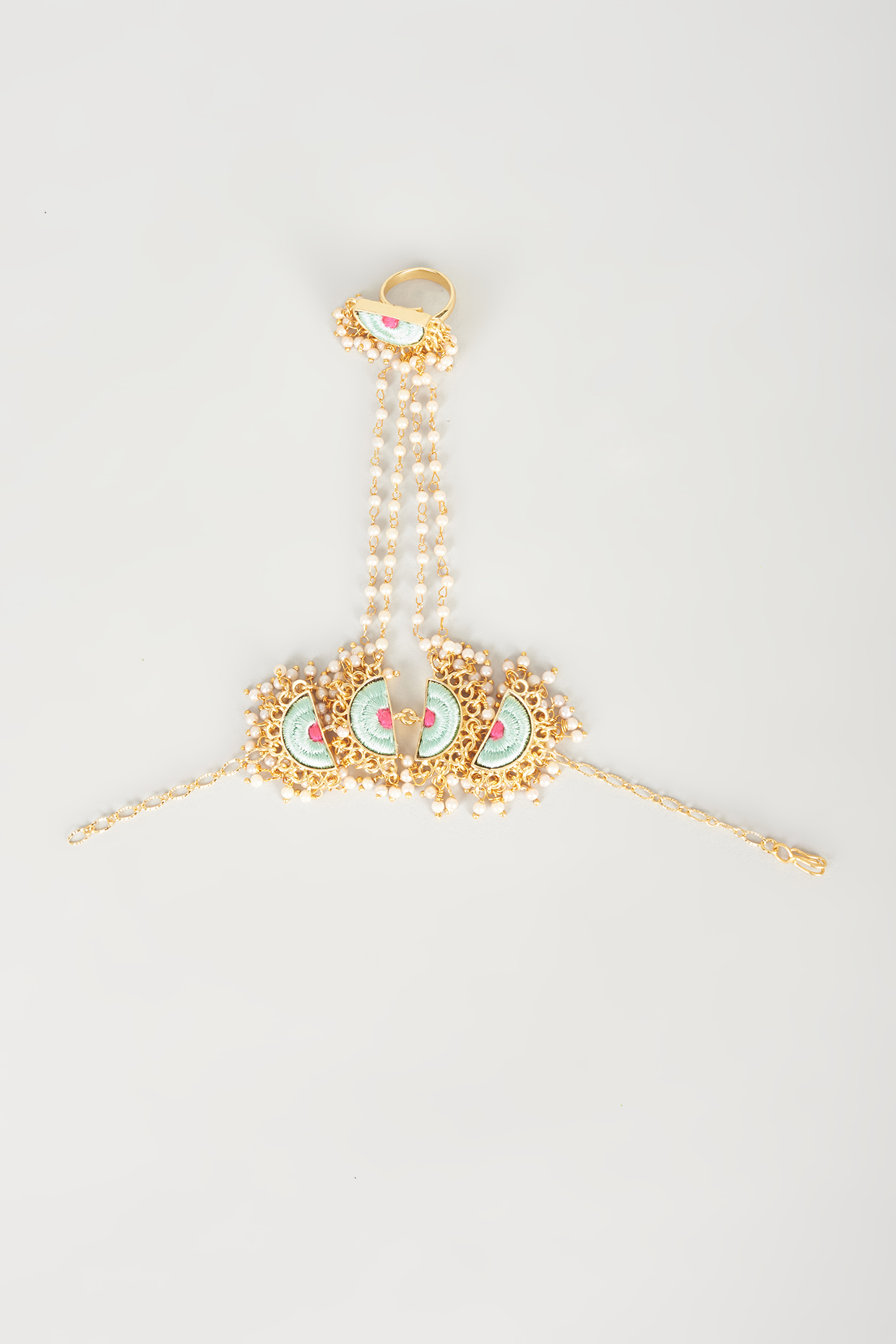 Gold Finish Embroidered Semi-Circular Haathphool by Bauble Bazaar at Pernia's Pop Up Shop