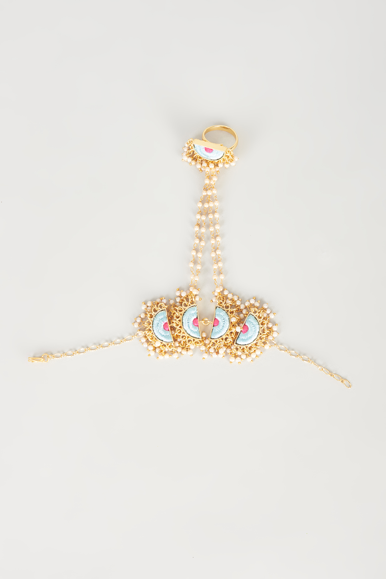 Gold Finish Embroidered Semi-Circular Haathphool by Bauble Bazaar at Pernia's Pop Up Shop