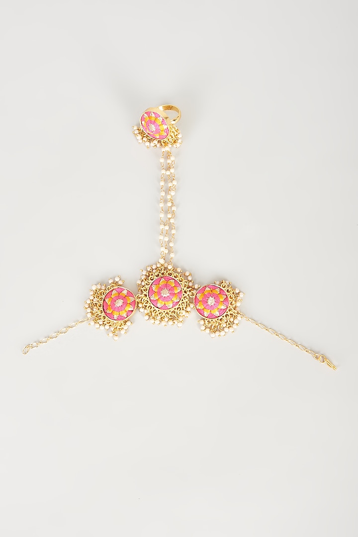 Gold Finish Embroidered Semi-Circular Haathphool by Bauble Bazaar at Pernia's Pop Up Shop