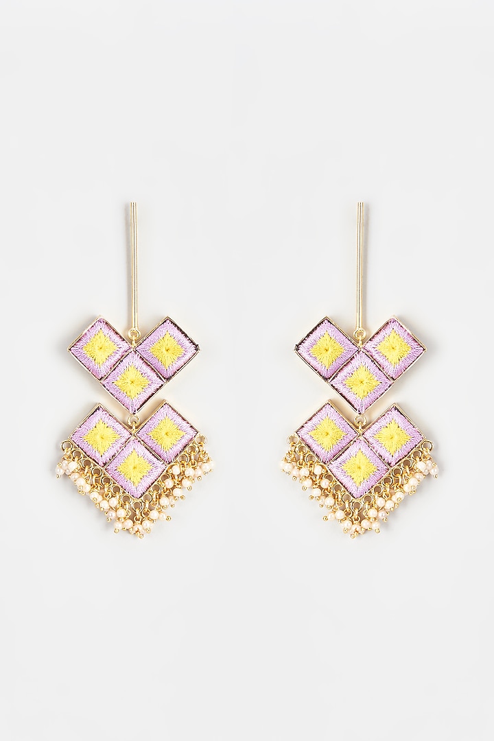 Gold Finish Embroidered Long Pipe Dangler Earrings by Bauble Bazaar at Pernia's Pop Up Shop