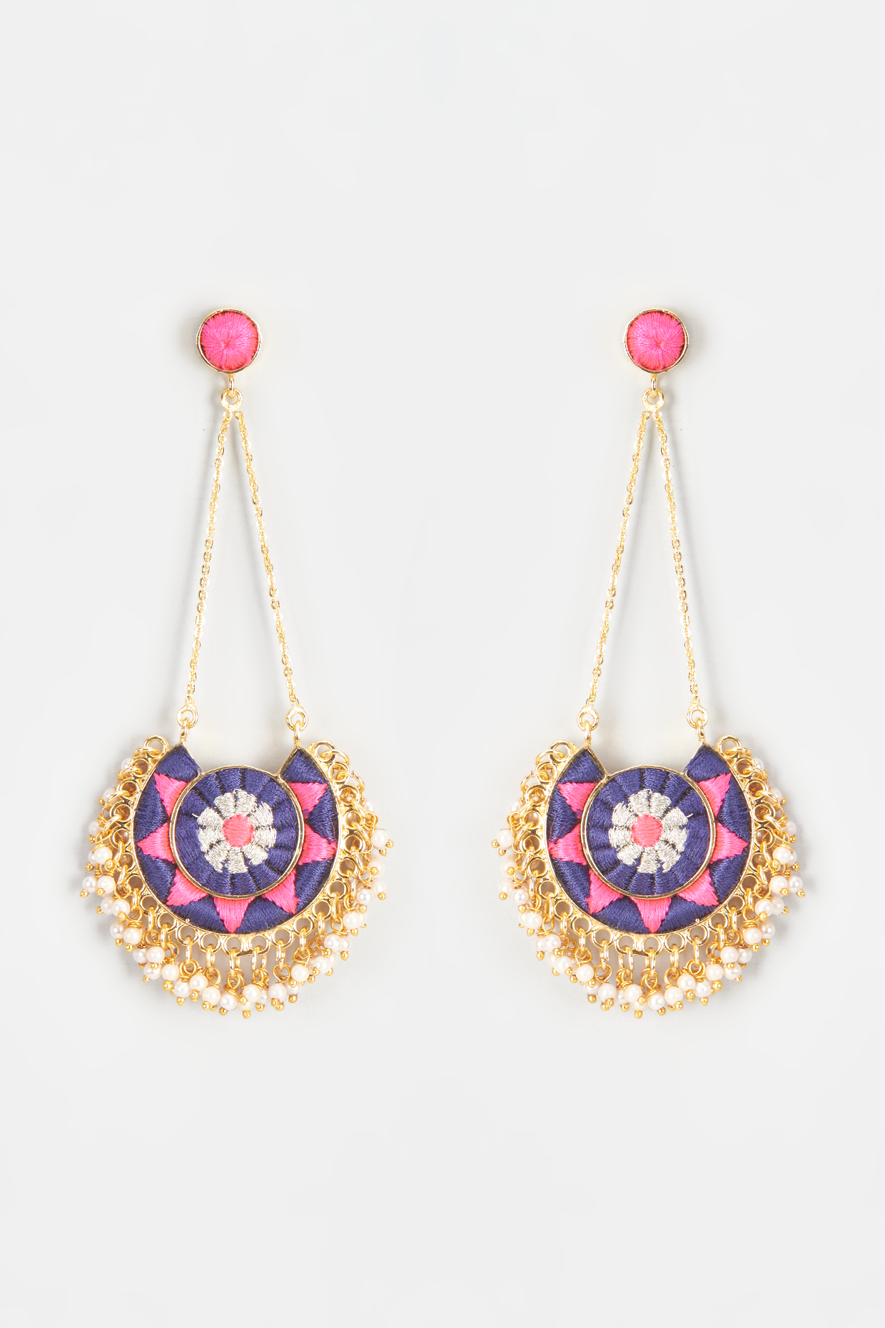 Gold Finish Embroidered Circular Moon Dangler Earrings by Bauble Bazaar at Pernia's Pop Up Shop