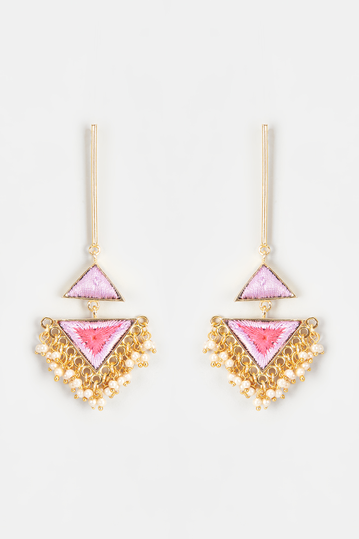 Gold Finish Embroidered Triangle Dangler Earrings by Bauble Bazaar at Pernia's Pop Up Shop