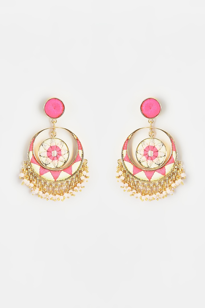 Gold Finish Embroidered Toned Dangler Earrings by Bauble Bazaar at Pernia's Pop Up Shop