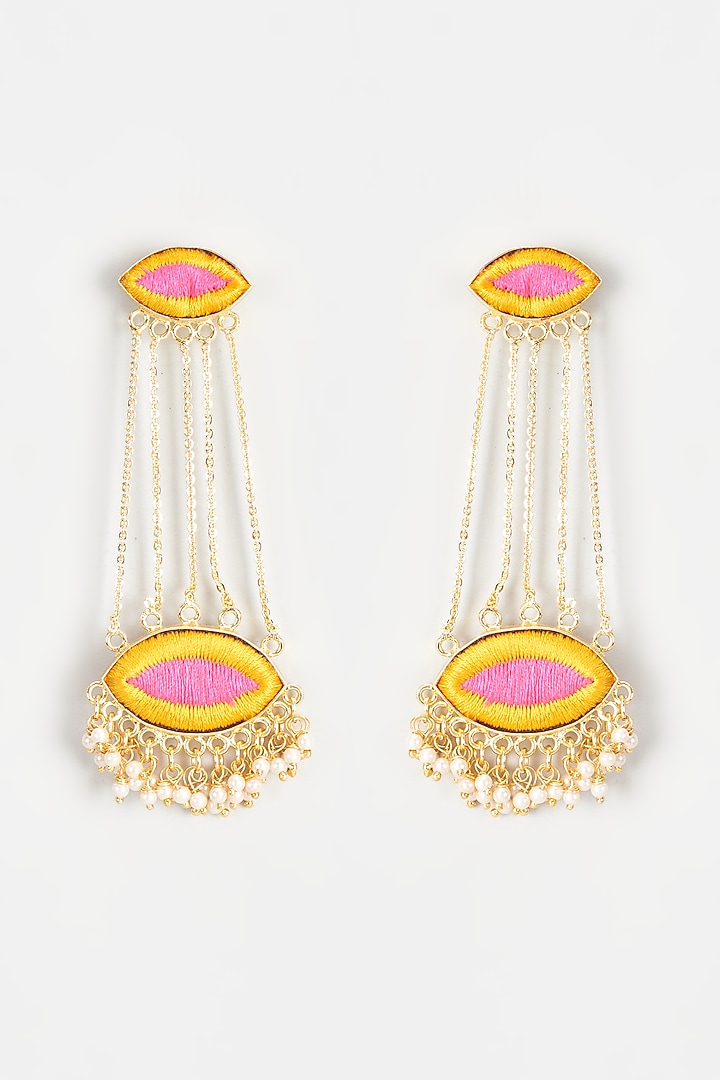 Gold Finish Embroidered Evil Eye Dangler Earrings by Bauble Bazaar at Pernia's Pop Up Shop