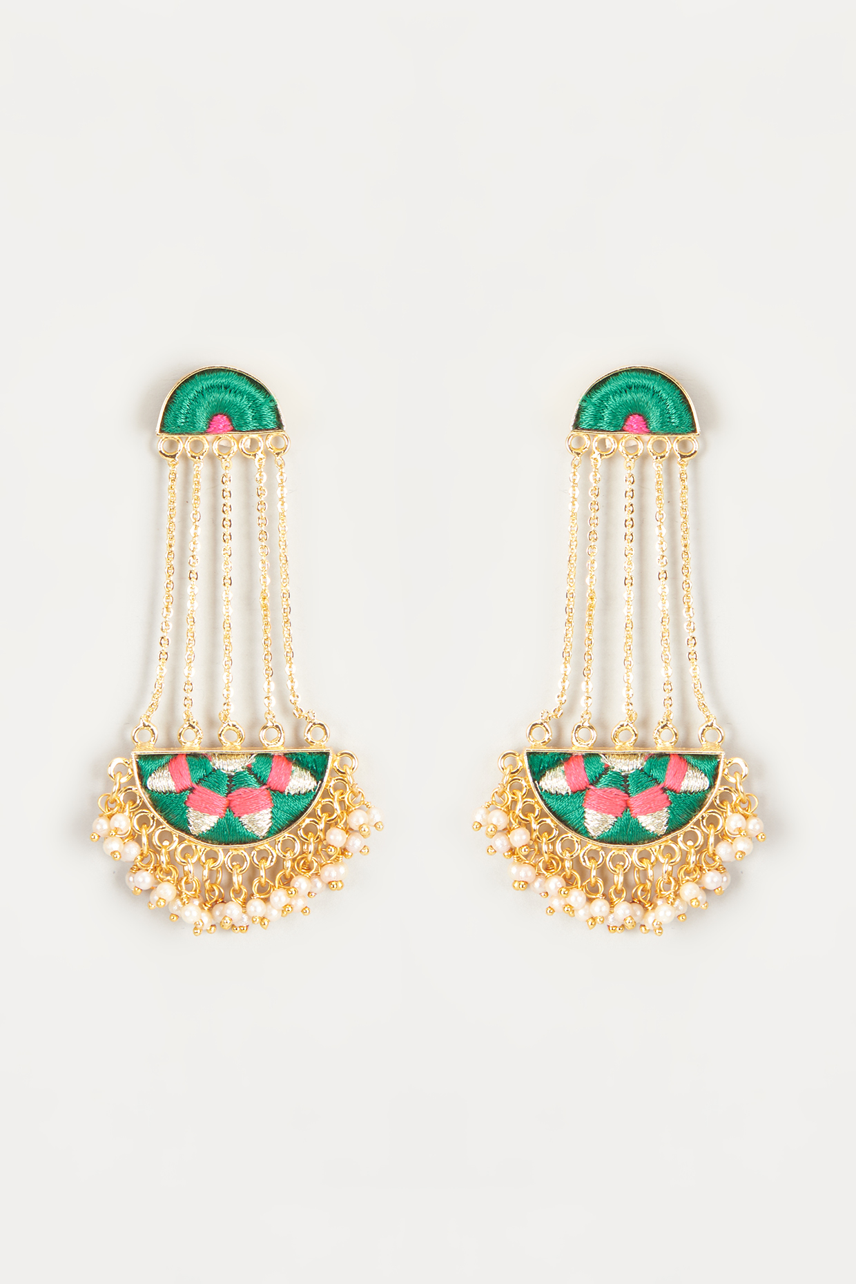 Gold Finish Embroidered Semi-Circular Dangler Earrings by Bauble Bazaar at Pernia's Pop Up Shop