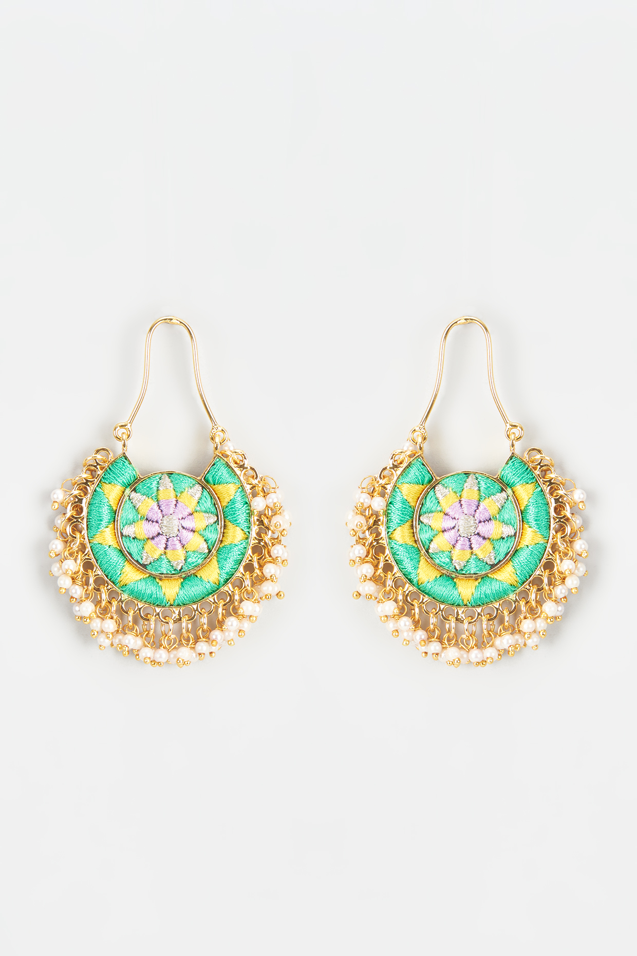 Gold Finish Embroidered Circular Moon Dangler Earrings by Bauble Bazaar at Pernia's Pop Up Shop