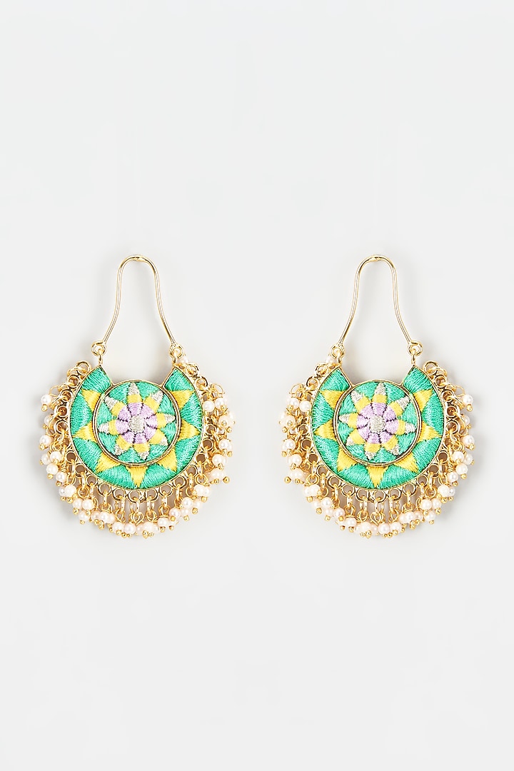 Gold Finish Embroidered Circular Moon Dangler Earrings by Bauble Bazaar at Pernia's Pop Up Shop