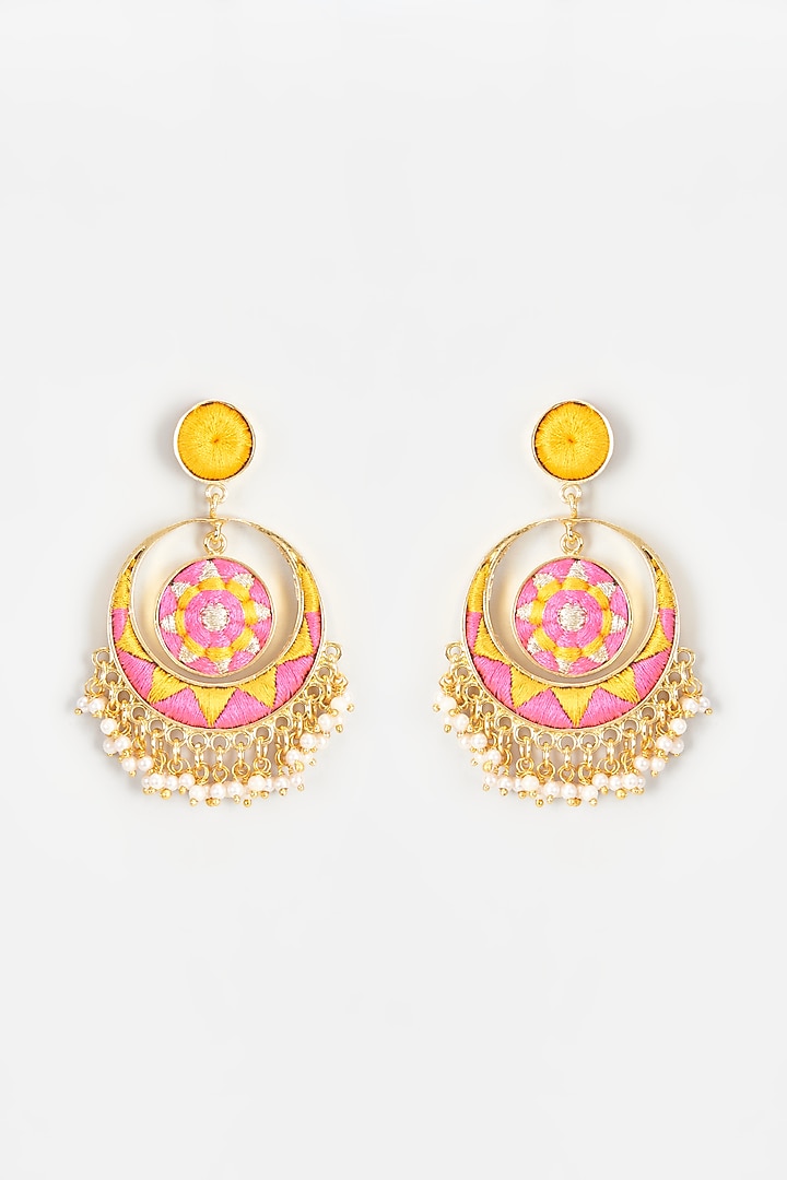 Gold Finish Embroidered Toned Dangler Earrings by Bauble Bazaar at Pernia's Pop Up Shop