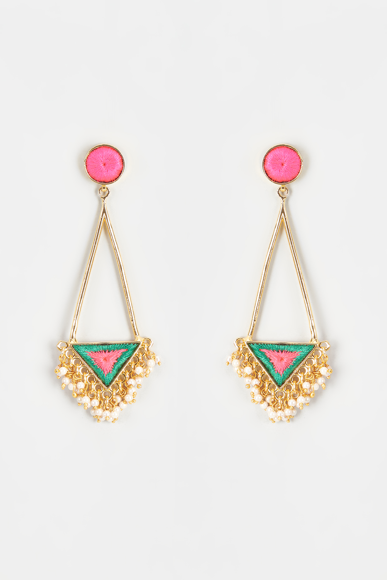 Gold Finish Embroidered Long Triangle Dangler Earrings by Bauble Bazaar at Pernia's Pop Up Shop