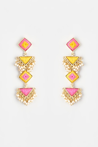 Gold Finish Embroidered Long Dangler Earrings by Bauble Bazaar
