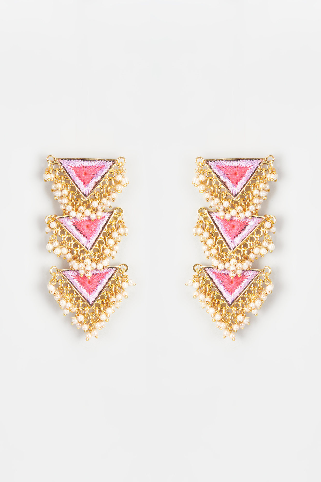 Gold Finish Embroidered Long Triangle Dangler Earrings by Bauble Bazaar at Pernia's Pop Up Shop