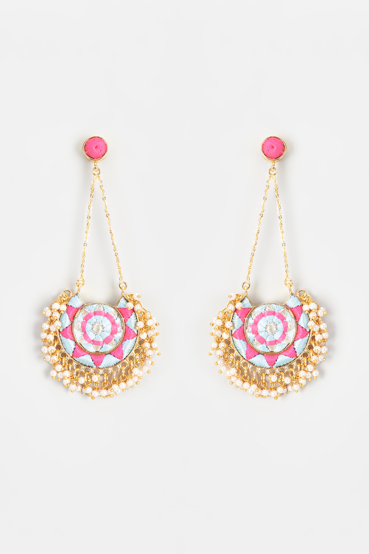 Gold Finish Embroidered Circular Moon Dangler Earrings by Bauble Bazaar at Pernia's Pop Up Shop