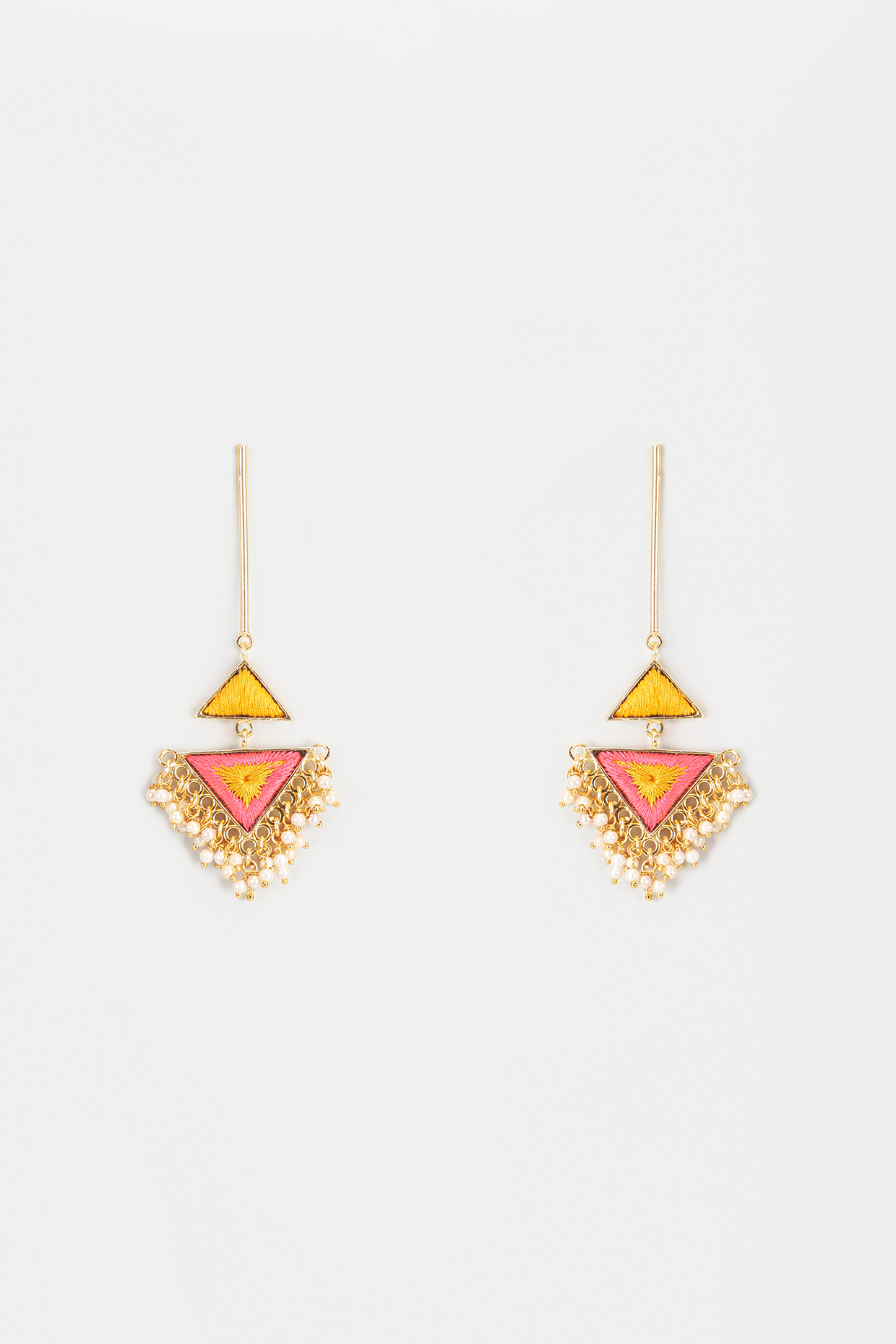 Gold Finish Embroidered Triangle Dangler Earrings by Bauble Bazaar at Pernia's Pop Up Shop