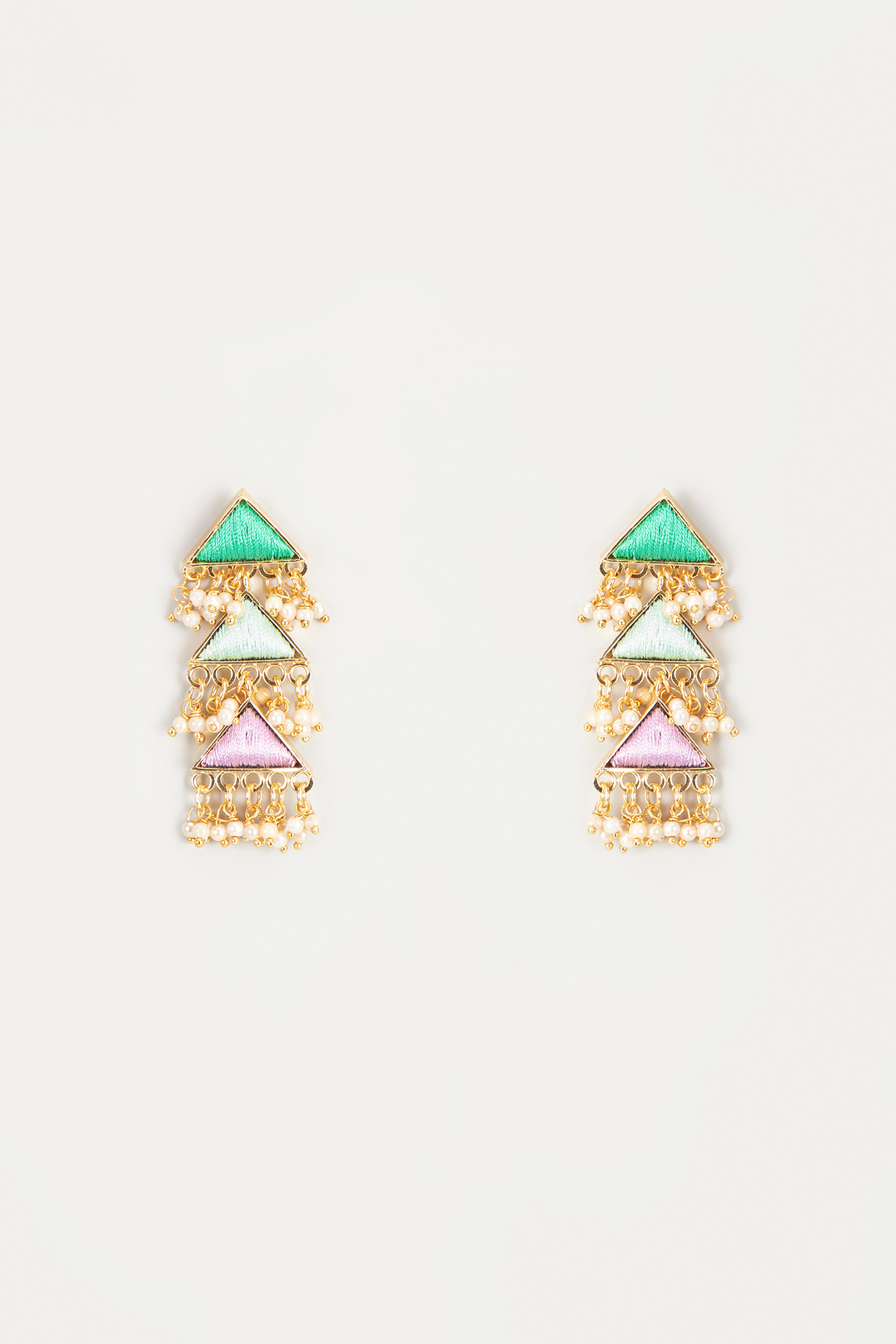 Gold Finish Embroidered Layered Triangle Dangler Earrings by Bauble Bazaar at Pernia's Pop Up Shop