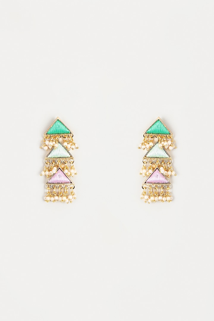 Gold Finish Embroidered Layered Triangle Dangler Earrings by Bauble Bazaar at Pernia's Pop Up Shop