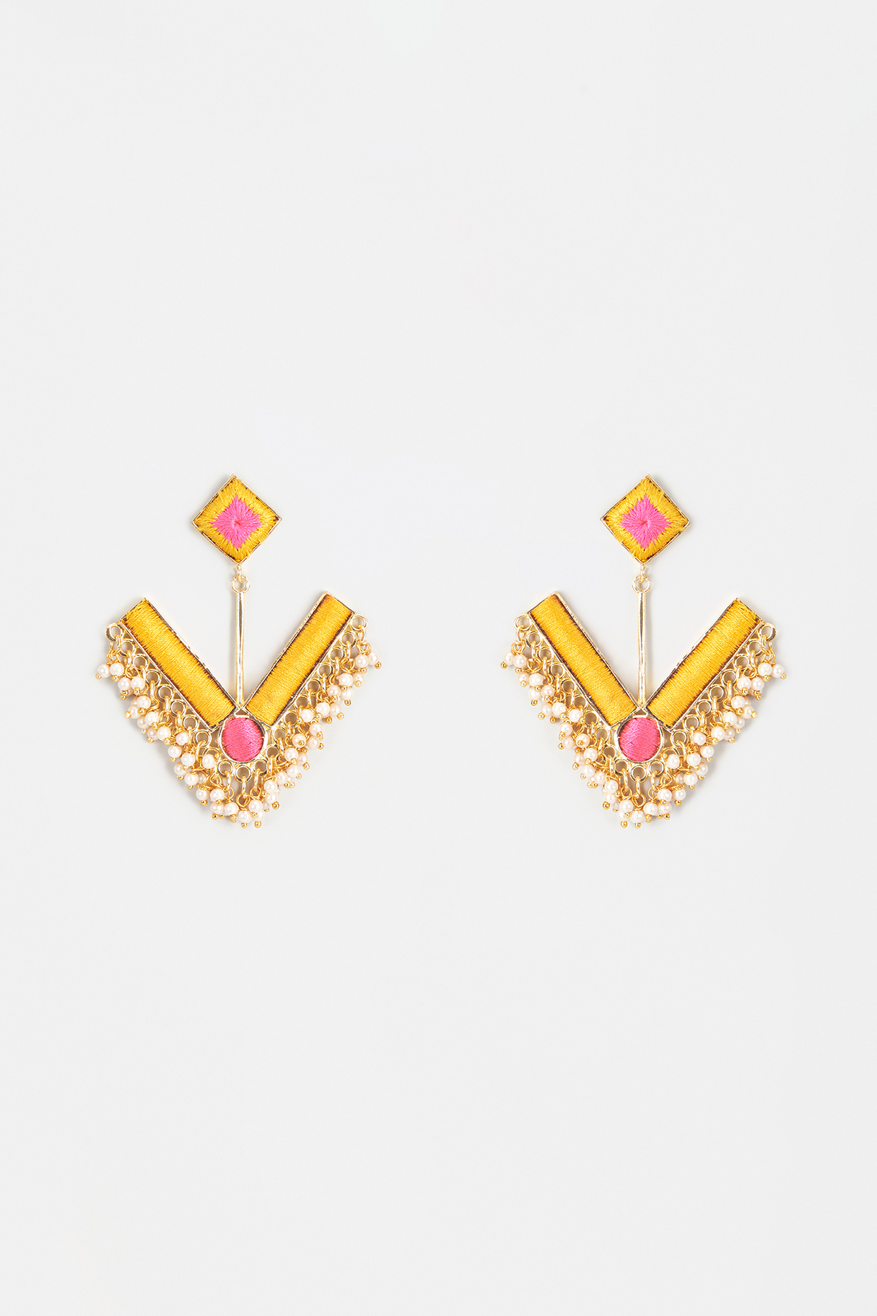 Gold Finish Embroidered Rectangle V-Shaped Earrings by Bauble Bazaar at Pernia's Pop Up Shop